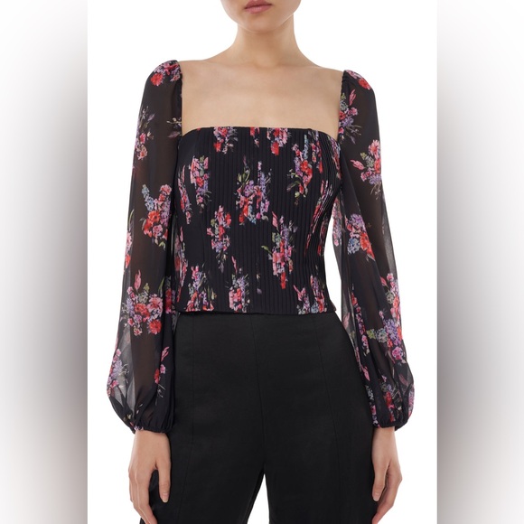 AMUR Black Floral Blouse with Sheer Sleeves Medium - Picture 2 of 7